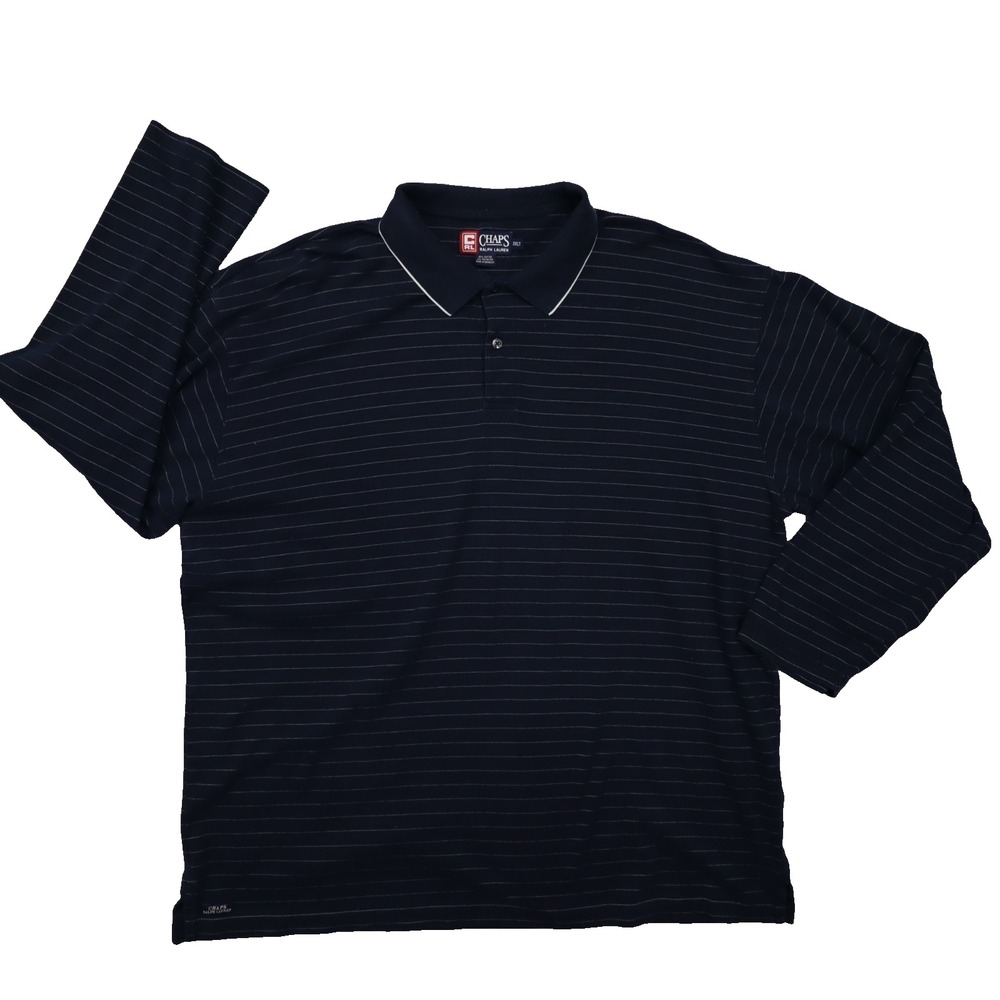 Chaps Ralph Lauren Vtg 90s Navy Blue Striped Long Sleeve Polo Shirt Men's 3XLT